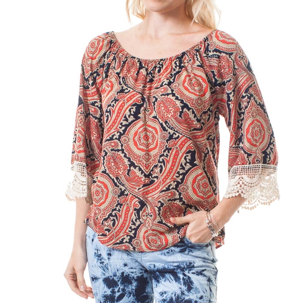 Boho print top with crochet hem sleeves new S,M